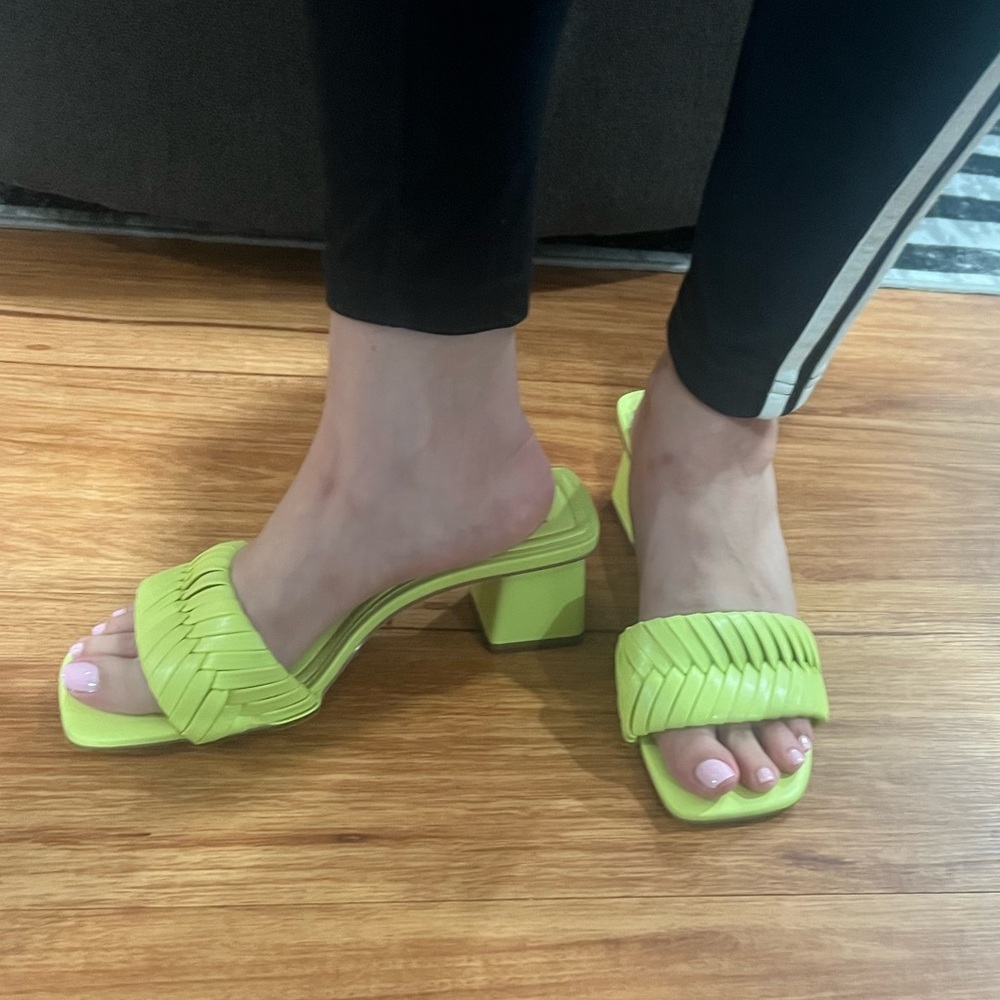 Barely worn lime green block heal square toe sandals